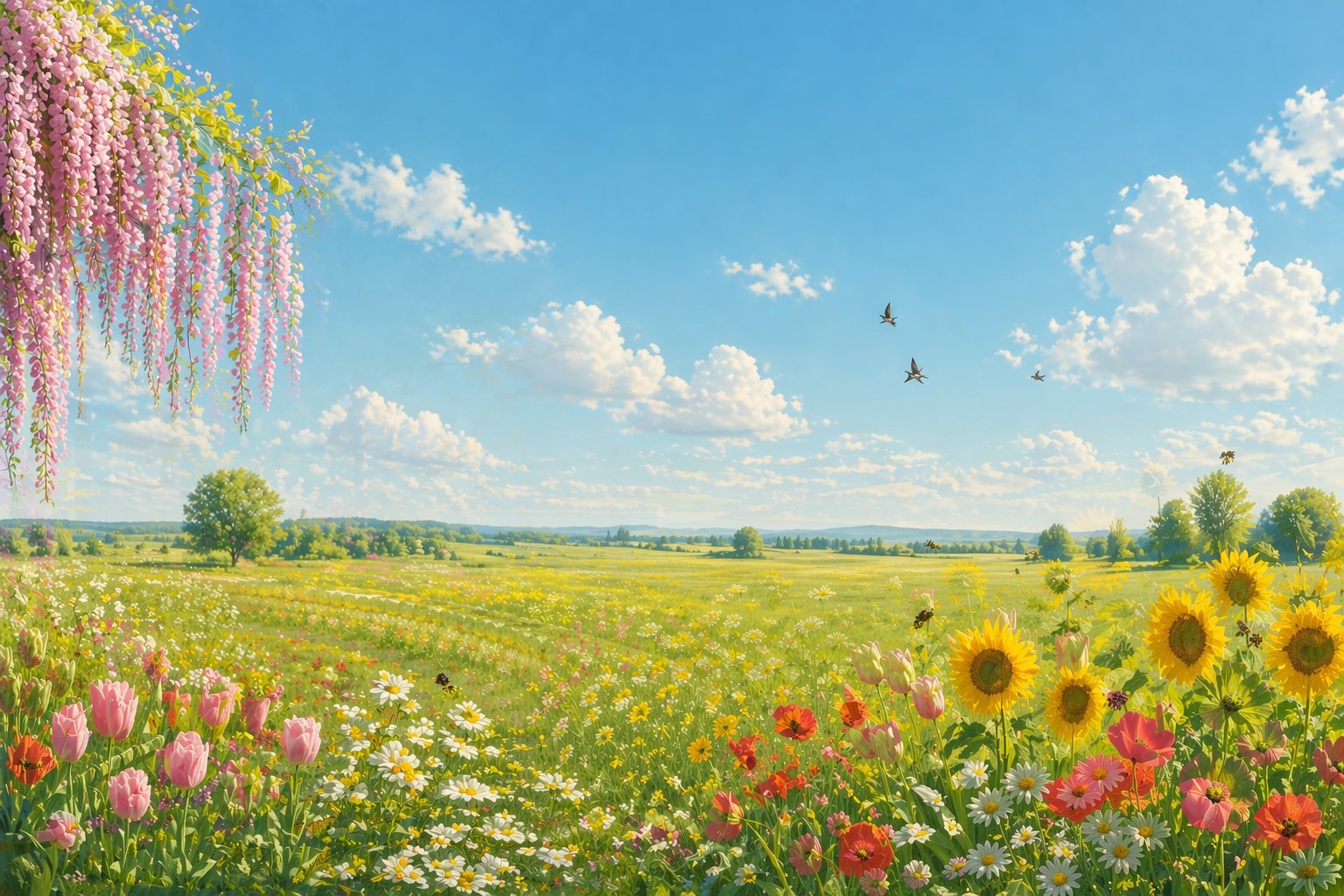 A painterly meadow with pink wisteria, sunflowers, daisies, and a blue sky.